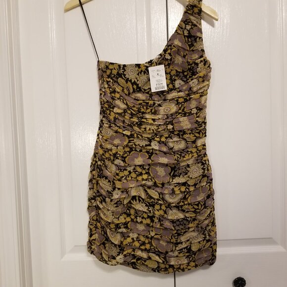 NWT Zara One Shoulder Dress Gold Pleated Floral Mini Ruched Bodycon Formal Dress - Picture 4 of 16